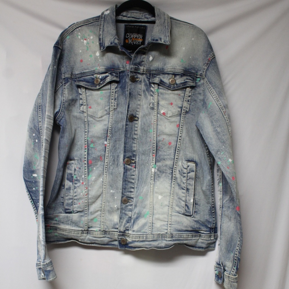 Cooper Rivet Paint Drip Denim Jacket.  Sz. L